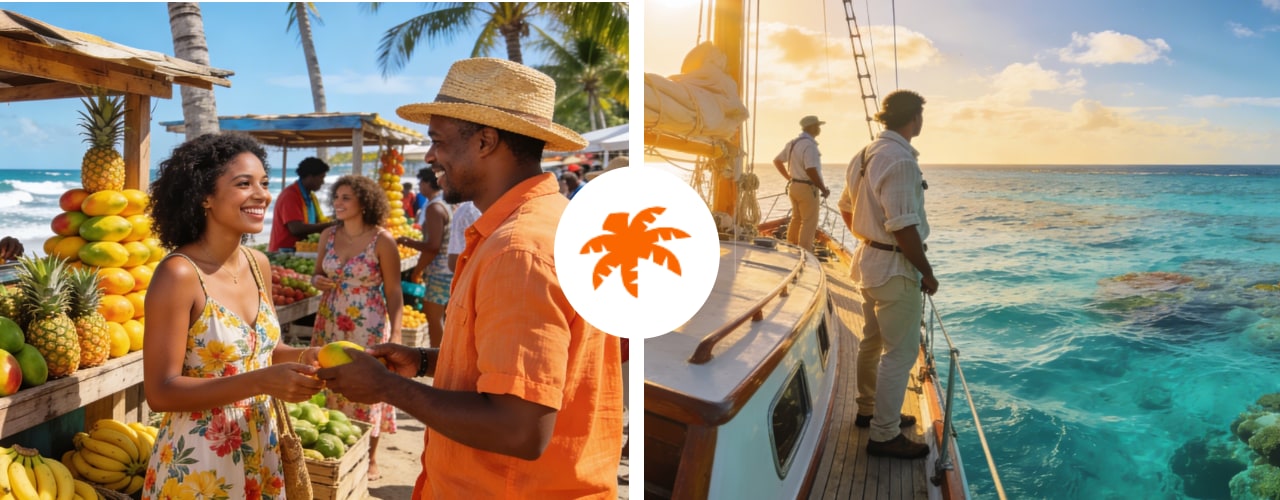 Un marché de fruits caribéen et un voilier sur une eau turquoise