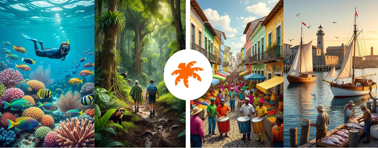 Récif corallien, sentier en forêt, défilé coloré et port des Caraïbes